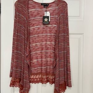 Lightweight long cardigan sweater with lace trim